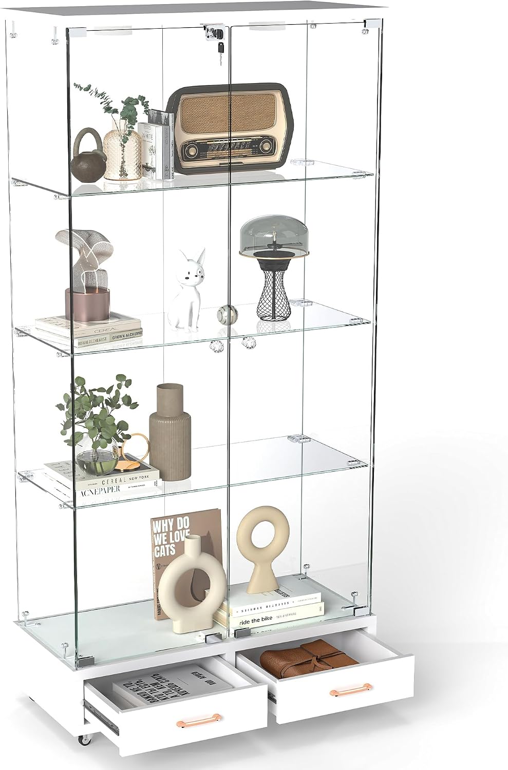 Modern Glass Display Cabinet with LED Light 4-Shelf Curio Cabinets with Storage Drawer and Wheels,Tempered Glass Display Shelf Bookcase for Living Room Home Office