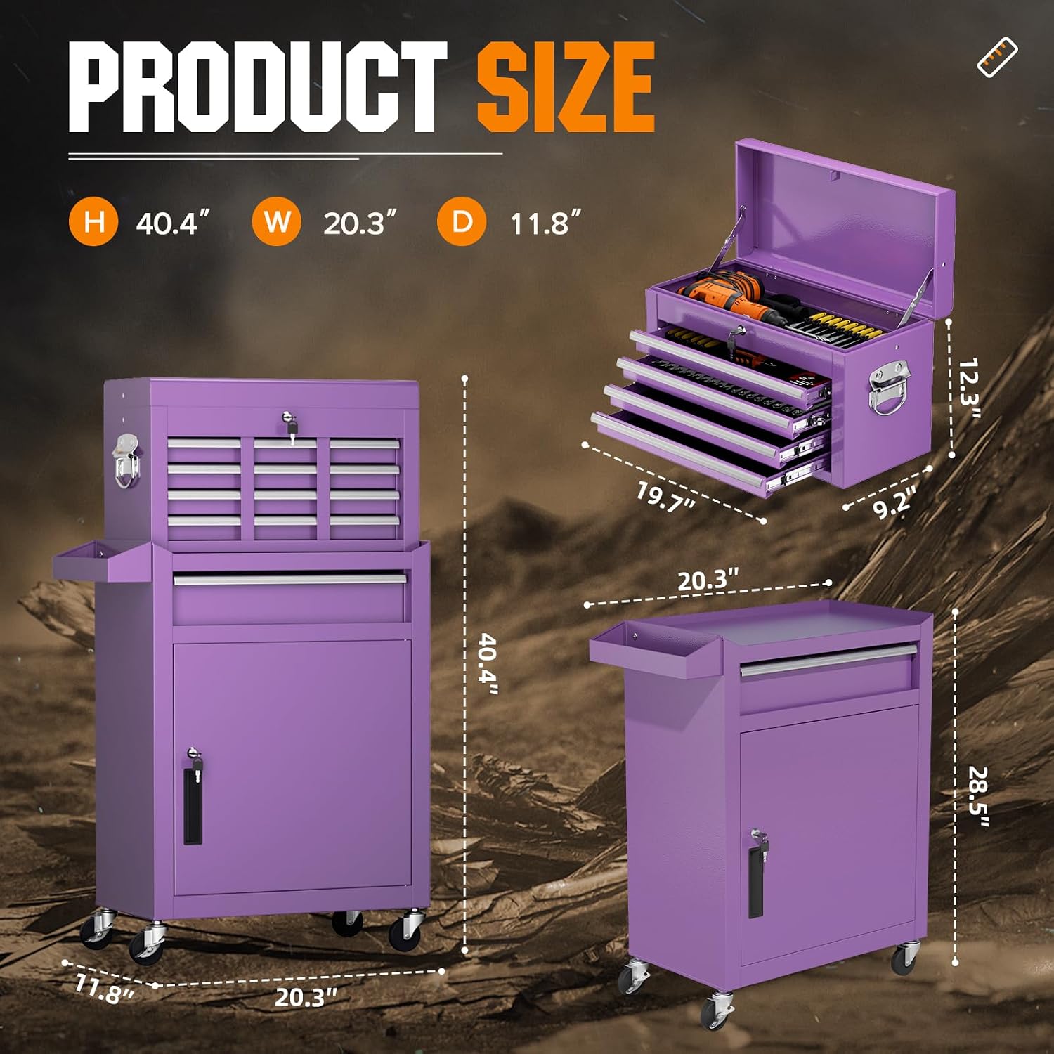 Incbruce Metal Rolling Tool Chest with 5 Drawers, 2 in 1 Detachable Garage Tool Box for Warehouse and Workshop (Purple)