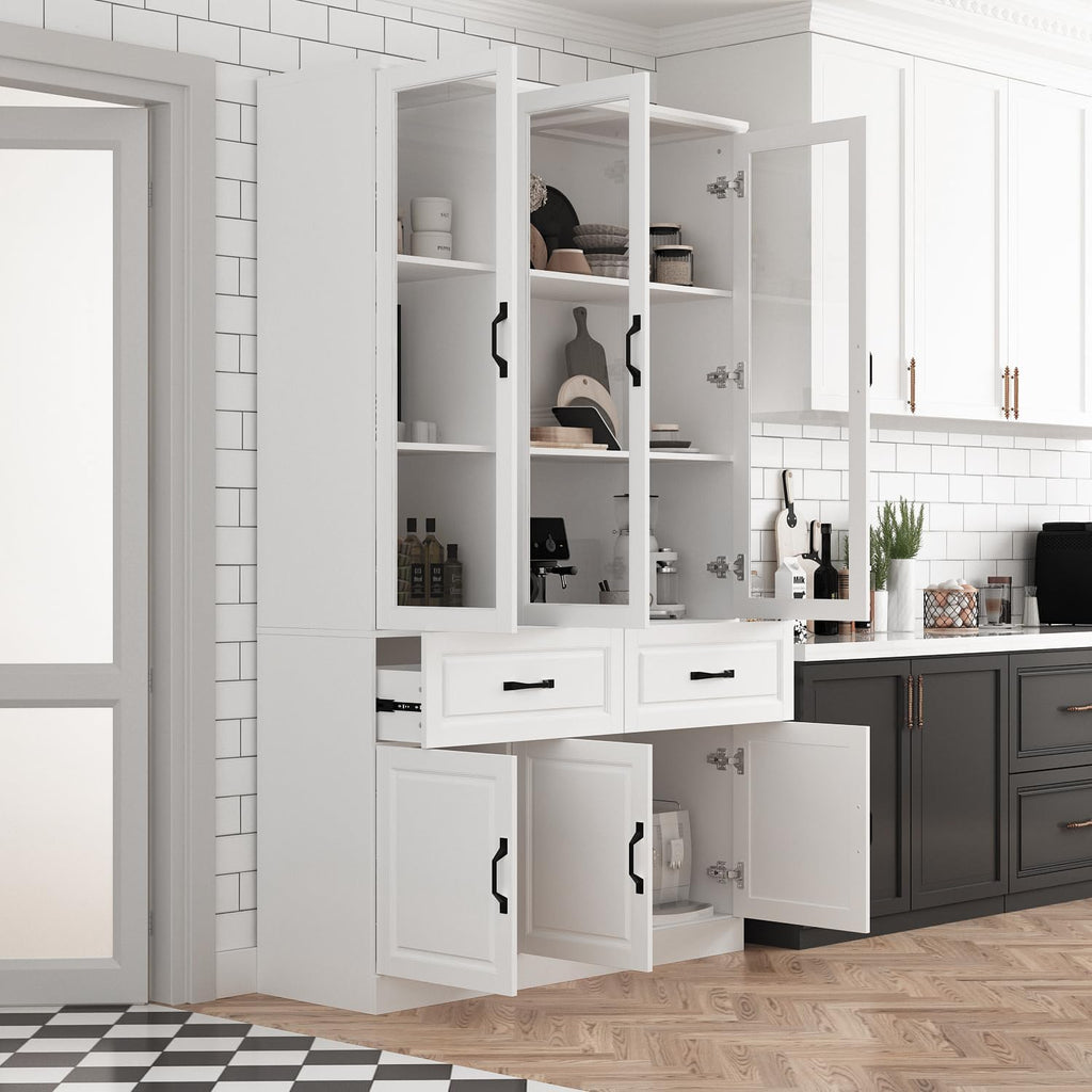 Tall Bookshelf with Glass Doors & Drawers, Large Storage Cabinet Home Office Bookcase with Doors & Shelves, Glass Display Cabinet for Living Room, White (47.2' W x 15.7' D x 78.9' H)