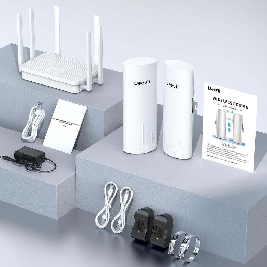 UeeVii CPE450 Wireless Bridge and WR3000K WiFi Router Kit, 5.8G 3KM Point to Point Wireless Bridge Outdoor to Shop Barn Garage Building Network Kit Solution, Outdoor WiFi Bridge(2PCS), Plug and Play