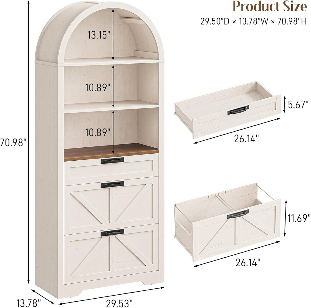 Vabches 71' Tall Arched Bookcase with File Cabinet Drawer, Farmhouse Freestanding Wooden Bookshelf, 3-Tier Large Open Display Storage Shelves for Home Office Living Room, Rustic White