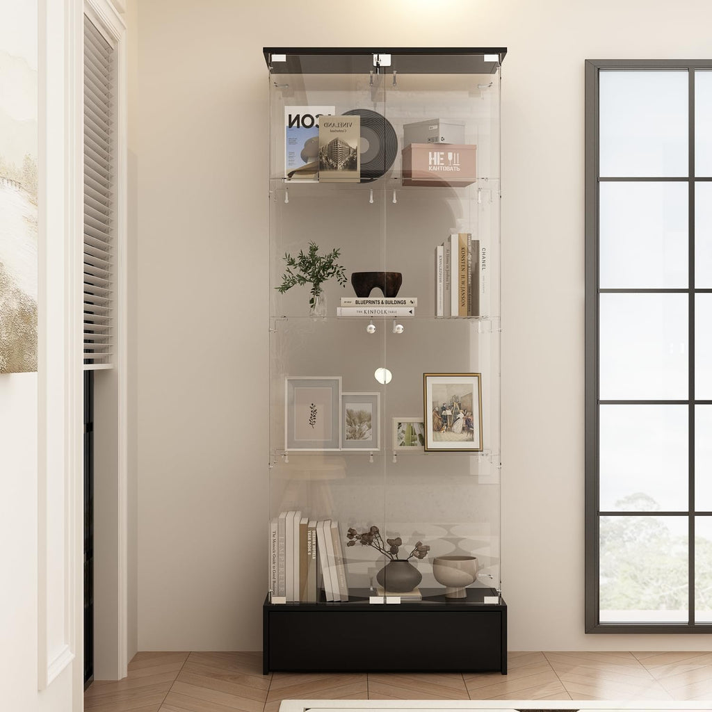 WOODTIME 4-Tier Glass Display Cabinet with Lockable Doors and Drawer, Modern Curio Cabinets Bookshelf with Glass Shelves for Living Room Home Office, Black