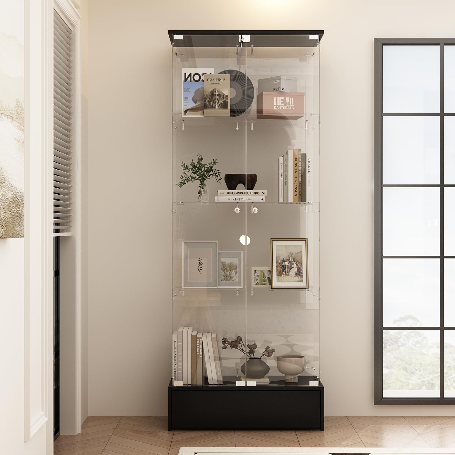 WOODTIME 4-Tier Glass Display Cabinet with Lockable Doors and Drawer, Modern Curio Cabinets Bookshelf with Glass Shelves for Living Room Home Office, Black