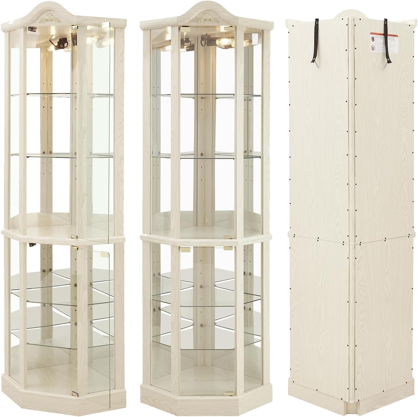 71' H Lighted Corner Display Cabinet, 6-Tier Wooden Curio Glass Cabinet with Adjustable Shelves, Carved Crown Decoration Corner Storage Display Case with Mirrored Back Pane (Antique White)