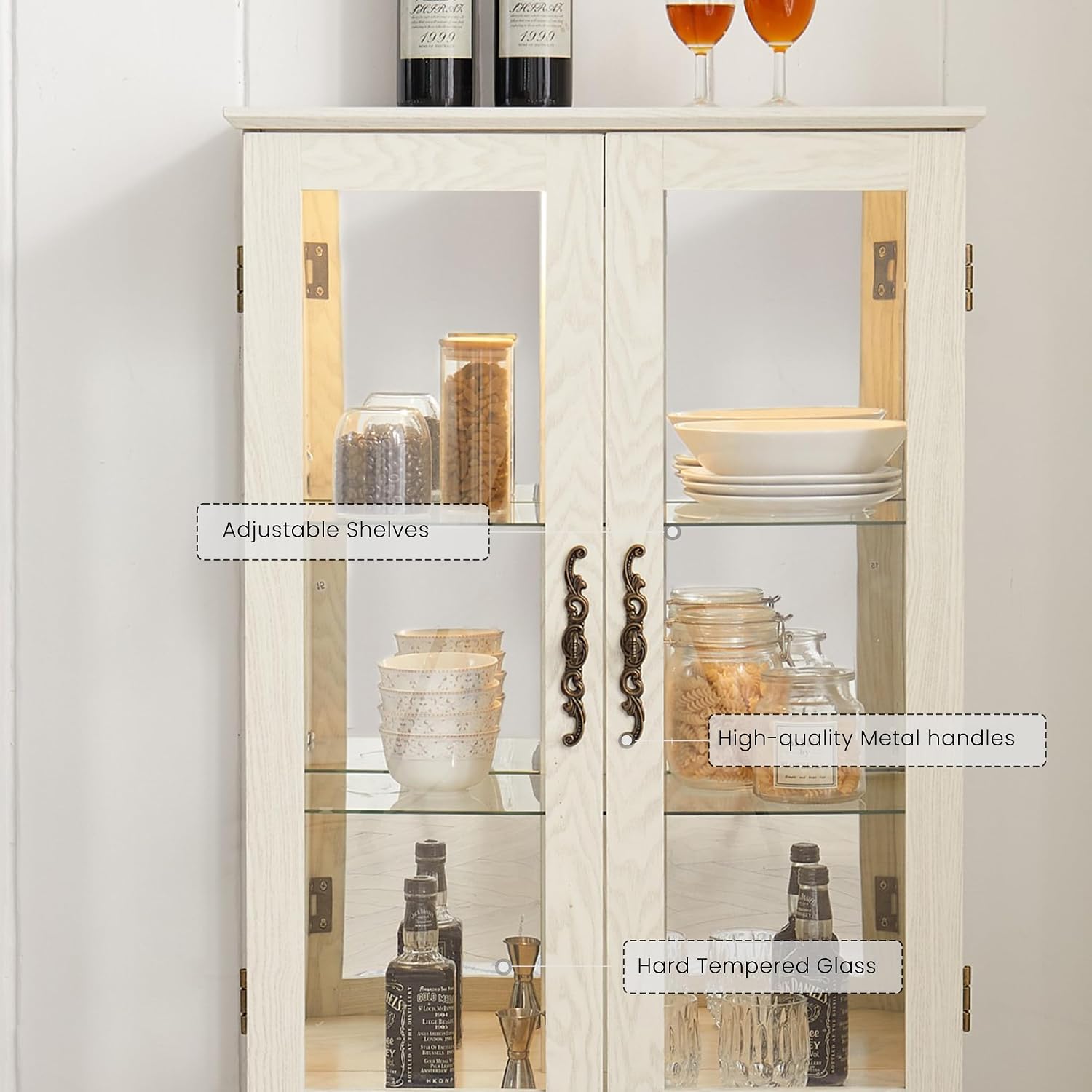 47' Lighted Glass Accent Curio Cabinet, 3-Tier Antique Storage Cage with Adjustable Shelves & Drawer, Acrylic Mirrored Pane, Light Blub Included, Small China Cabinet for Living Room (Antiqe White)