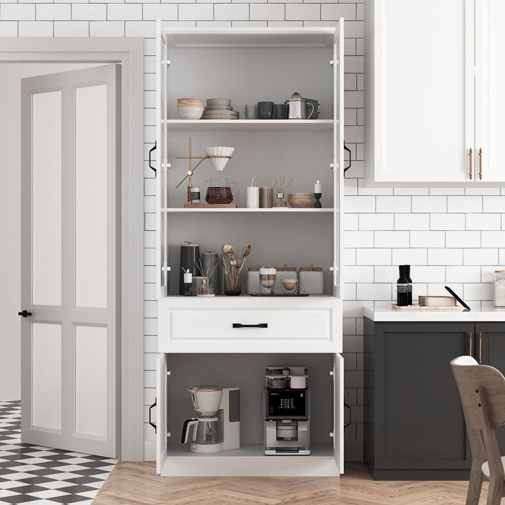 Tall Bookshelf with Glass Doors & Drawers, Large Storage Cabinet Home Office Bookcase with Doors & Shelves, Glass Display Cabinet for Living Room, White (31.5' W x 15.7' D x 78.9' H)
