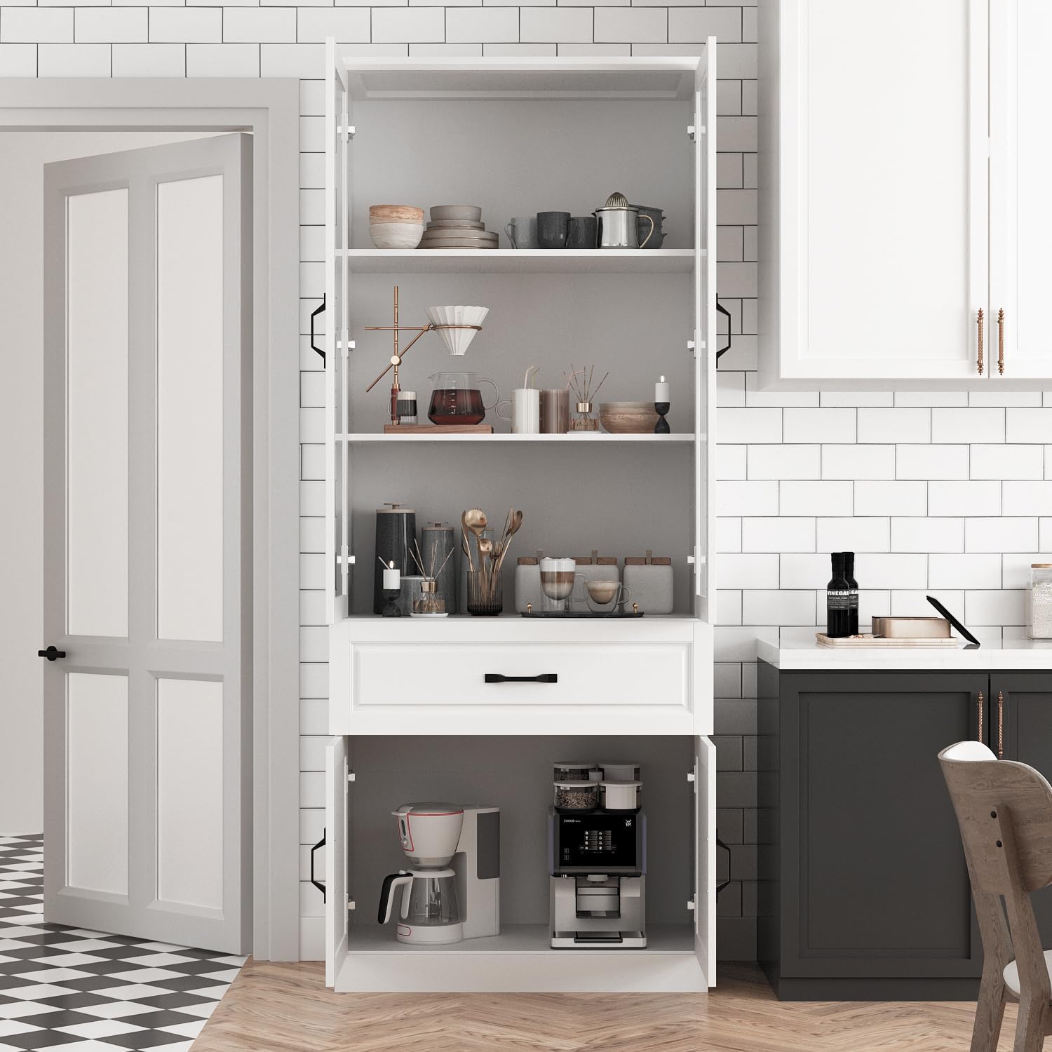 Tall Bookshelf with Glass Doors & Drawers, Large Storage Cabinet Home Office Bookcase with Doors & Shelves, Glass Display Cabinet for Living Room, White (31.5' W x 15.7' D x 78.9' H)