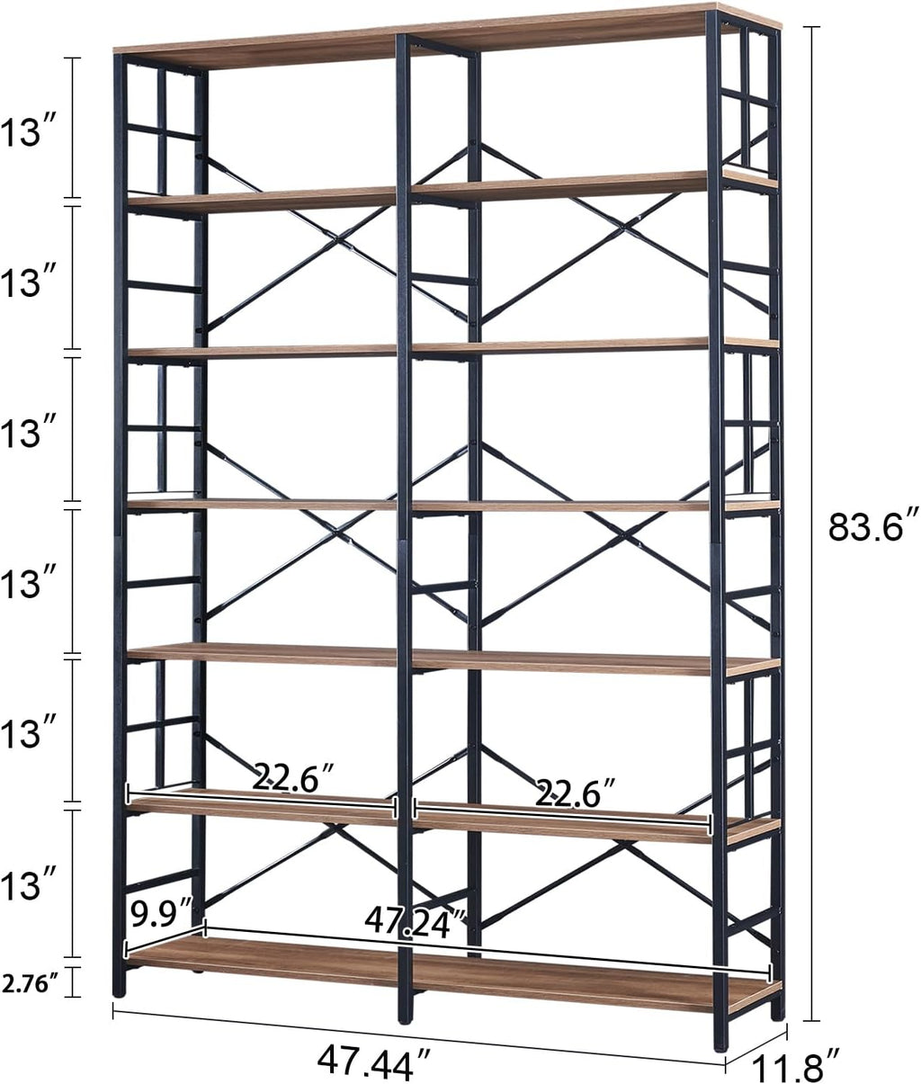 HOMISSUE Bookshelf, Industrial Double Wide 7-Tier Bookshelves, 84' Tall Bookcase with Open Shelves, Heavy Duty Bookcases with Storage for Living Room Home Office, Rustic Brown