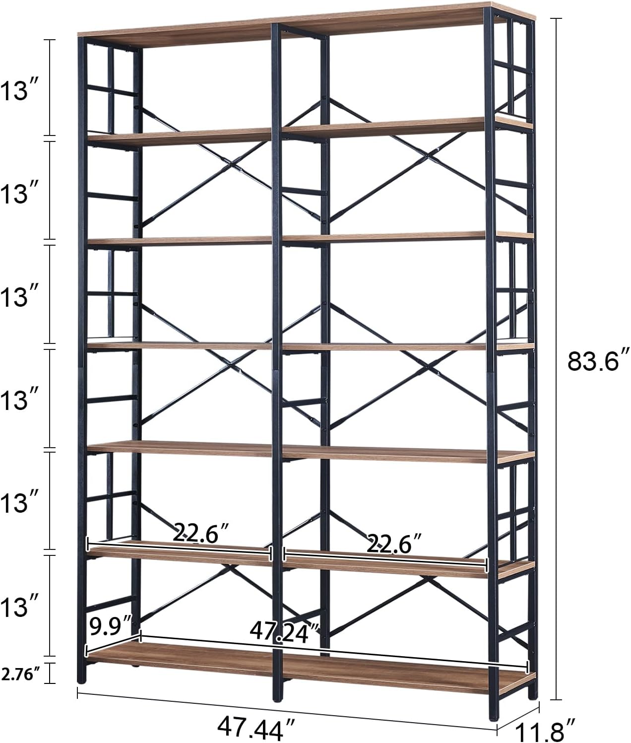 HOMISSUE Bookshelf, Industrial Double Wide 7-Tier Bookshelves, 84' Tall Bookcase with Open Shelves, Heavy Duty Bookcases with Storage for Living Room Home Office, Rustic Brown