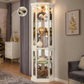 70' Lighted Corner Curio Cabinet, Curved Wood China Display Case with Tempered Glass Doors & Adjustable Shelves, Light Bulb Included, Tall Wine Storage Rack for Bar and Liquor Storage (White)