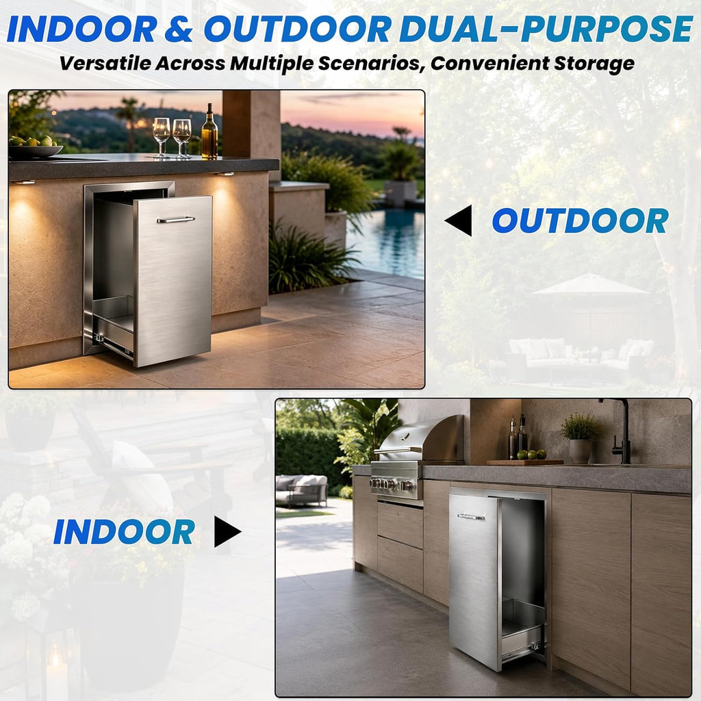 Pull-Out Trash Drawer, 13.4'W x 25.8'H x 19.6'D Stainless Steel Outdoor Kitchen Trash Drawer with Handle, Built-in Outdoor Kitchen Propane Tank Drawer for BBQ Island Grill Station, No Assembly