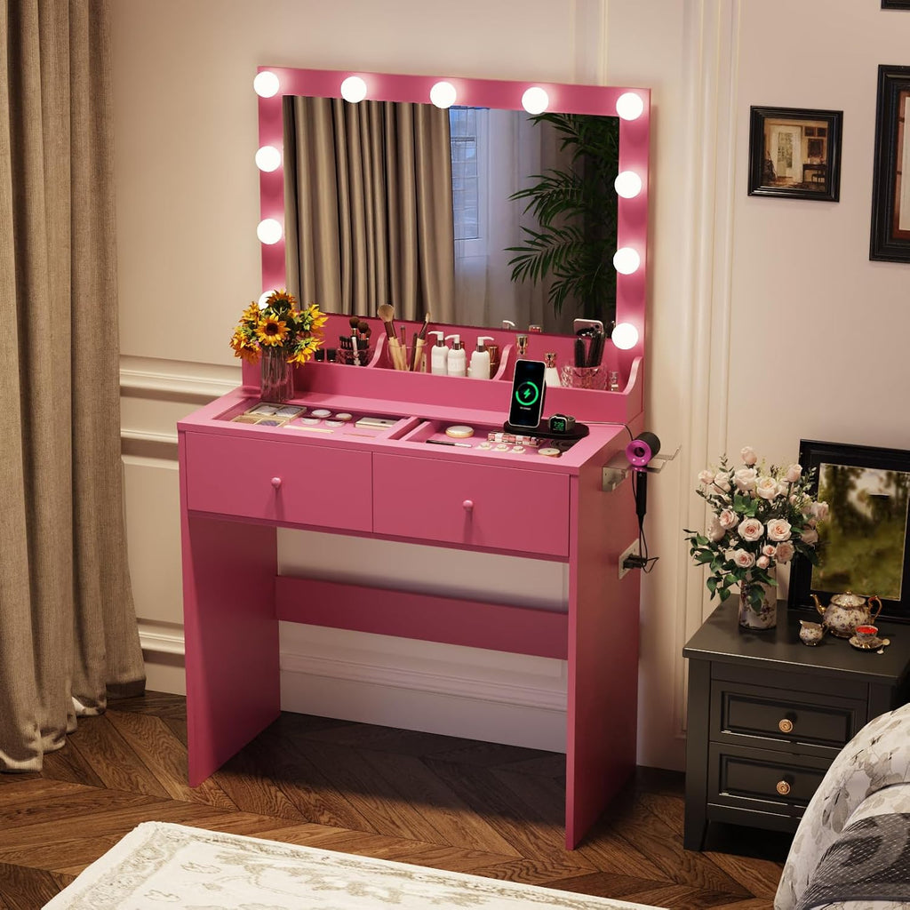 VINGLI Vanity Desk with Mirror and Adjustable Lights, Glass Top Makeup Vanity Table Built-in Power Outlets & Hairdryer Holder, Small Hot Pink Dressing Table w/Bulbs, Gifts for Girls, 31.5in