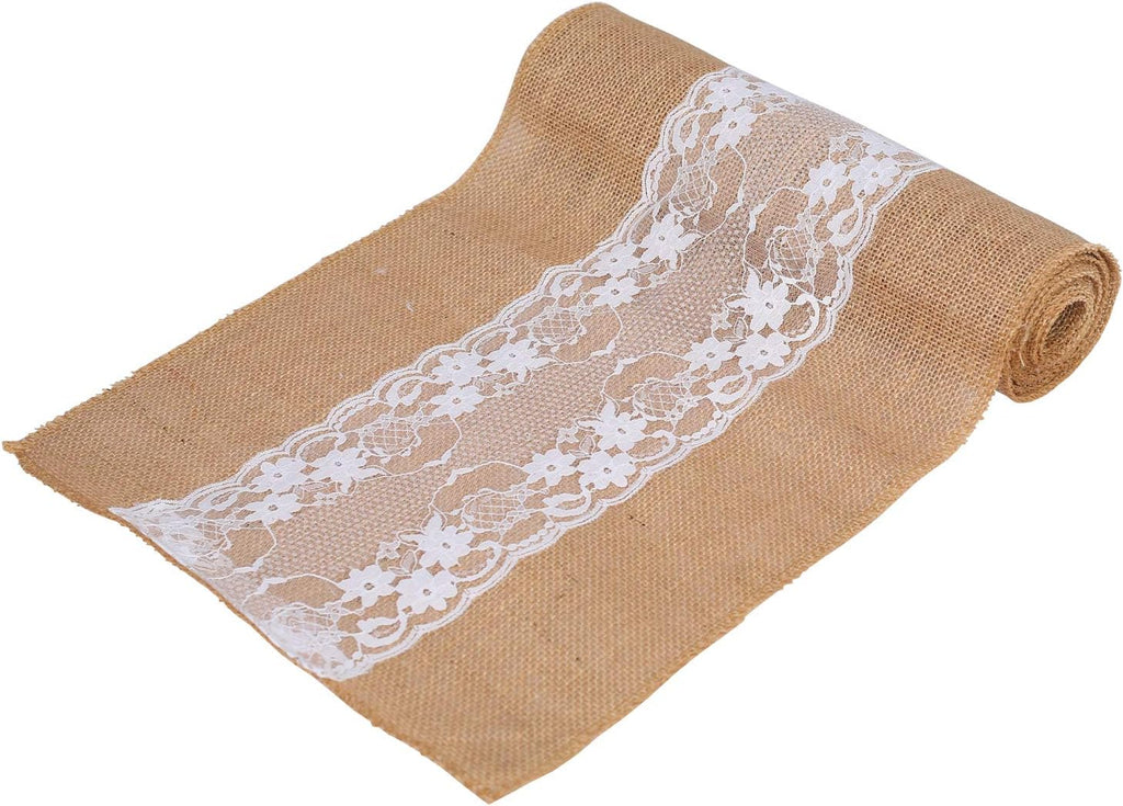 MDS Pack of 20 Wedding 12 x 108 inch Burlap Lace Hessian Table Runner Rustic Natural Jute Country Vintage for Wedding Banquet Decoration – Natural Lace Jute Burlap