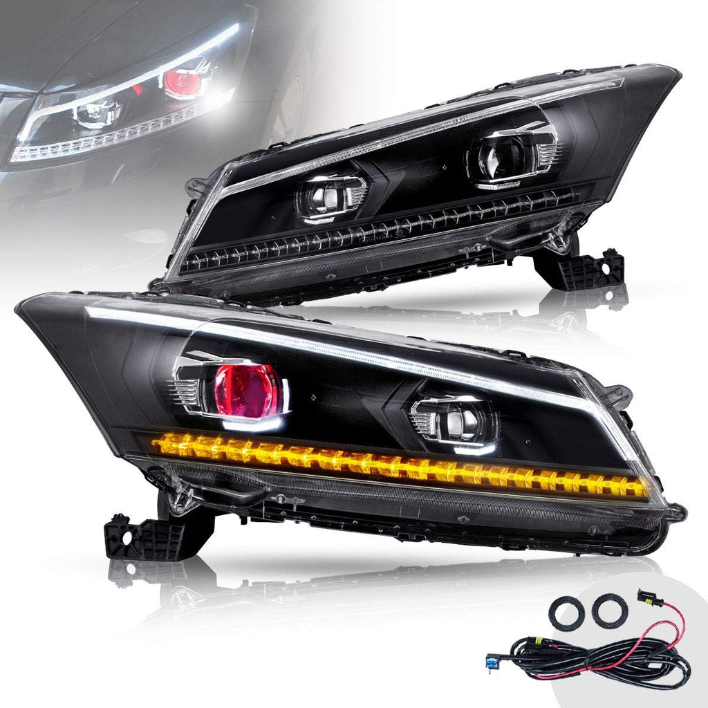 VLAND LED Projector Headlights Assembly for [Honda Accord EX, LX, EX-L Sedan 2008-2012 (NOT fit 2-Dr Coupe)] with Sequential Turn Signal 3157 light bulbs (No include), YAA-HD-0145AH, (Demon eyes)