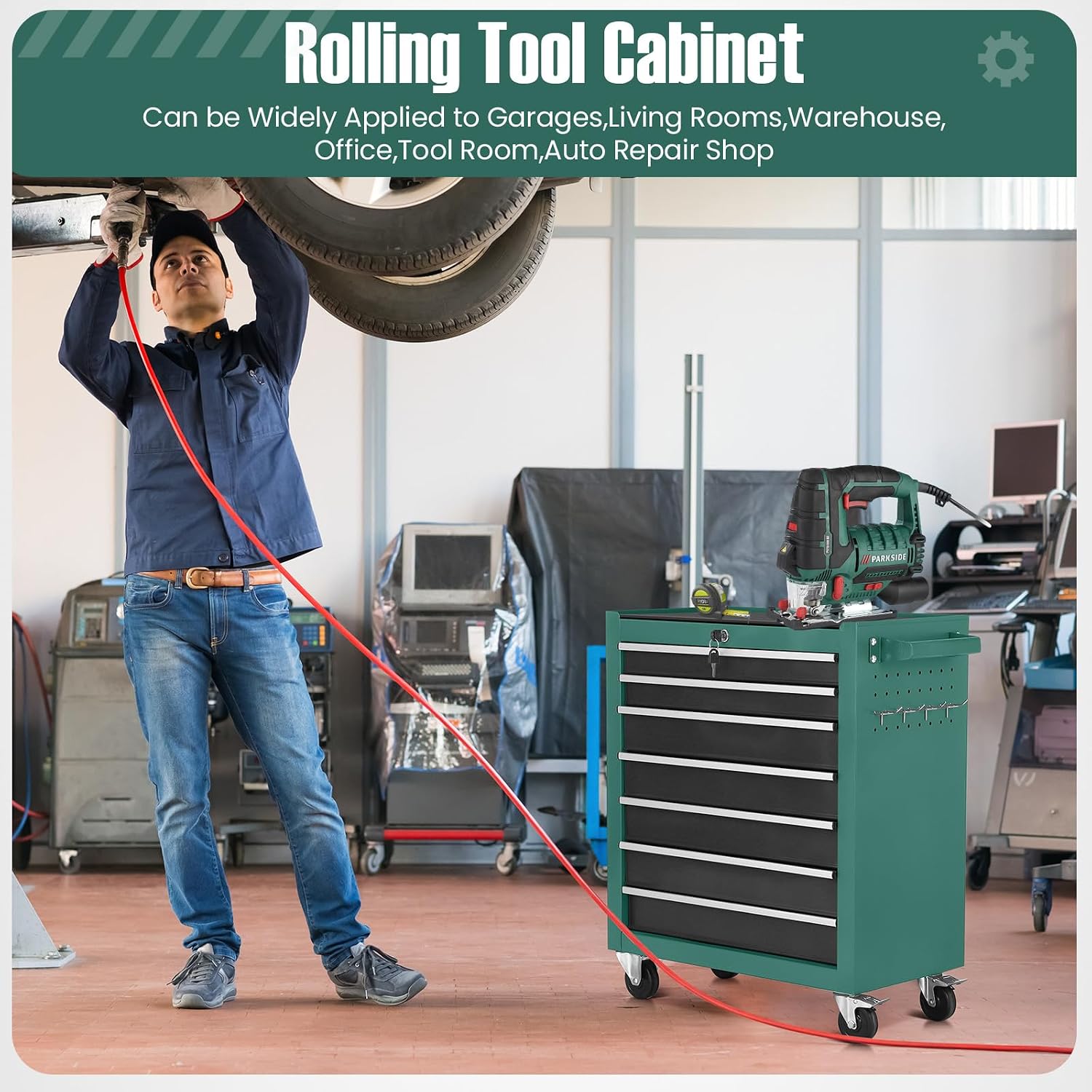 7-Drawer Rolling Tool Chest with Wheels,Tool Cabinet on Wheels with Keyed Locking,Multifunctional Tool Cart on Wheels,Tool Storage Organizer Cabinets for Garage,Warehouse, Repair Shop (Black Green)