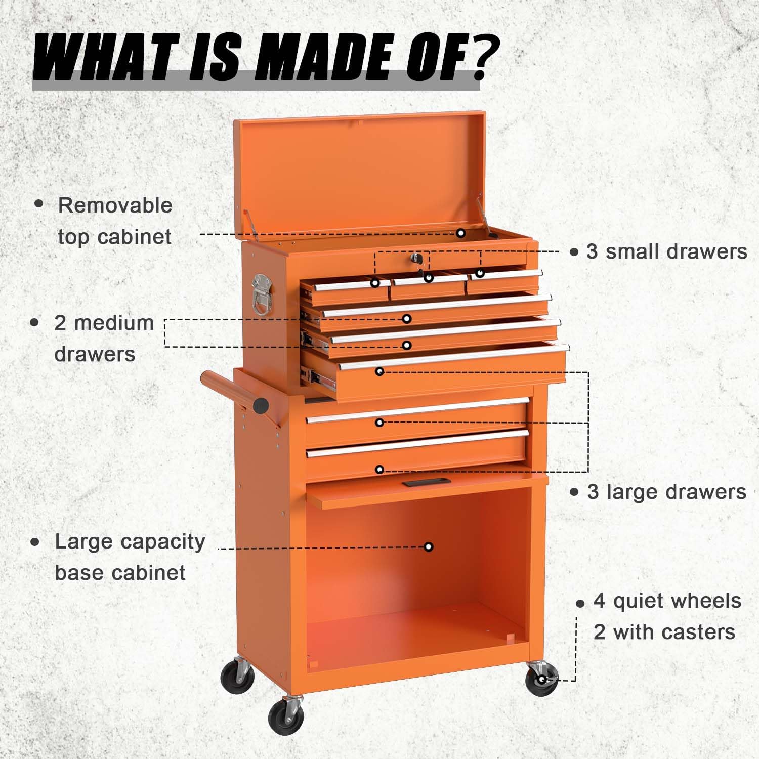 8-Drawer Tool Chest with Wheels,High Capacity Rolling Tool Box with Wheels,Locking Mechanical Tool Chest,Metal Tool Box for Garage Workshop (Orange)