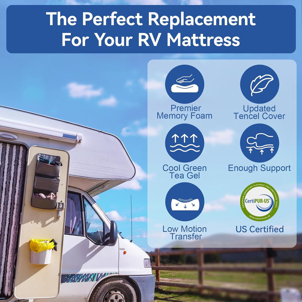 Short King RV Mattress Memory Foam-Mattress 10 Inch, Updated Cooling Green Tea/Gel Mattresses for Camper/Truck/Trailer, Medium Firm-Mattress with Fiberglass-Free Cover, CertiPUR-US,in USA, 75'' x 72''