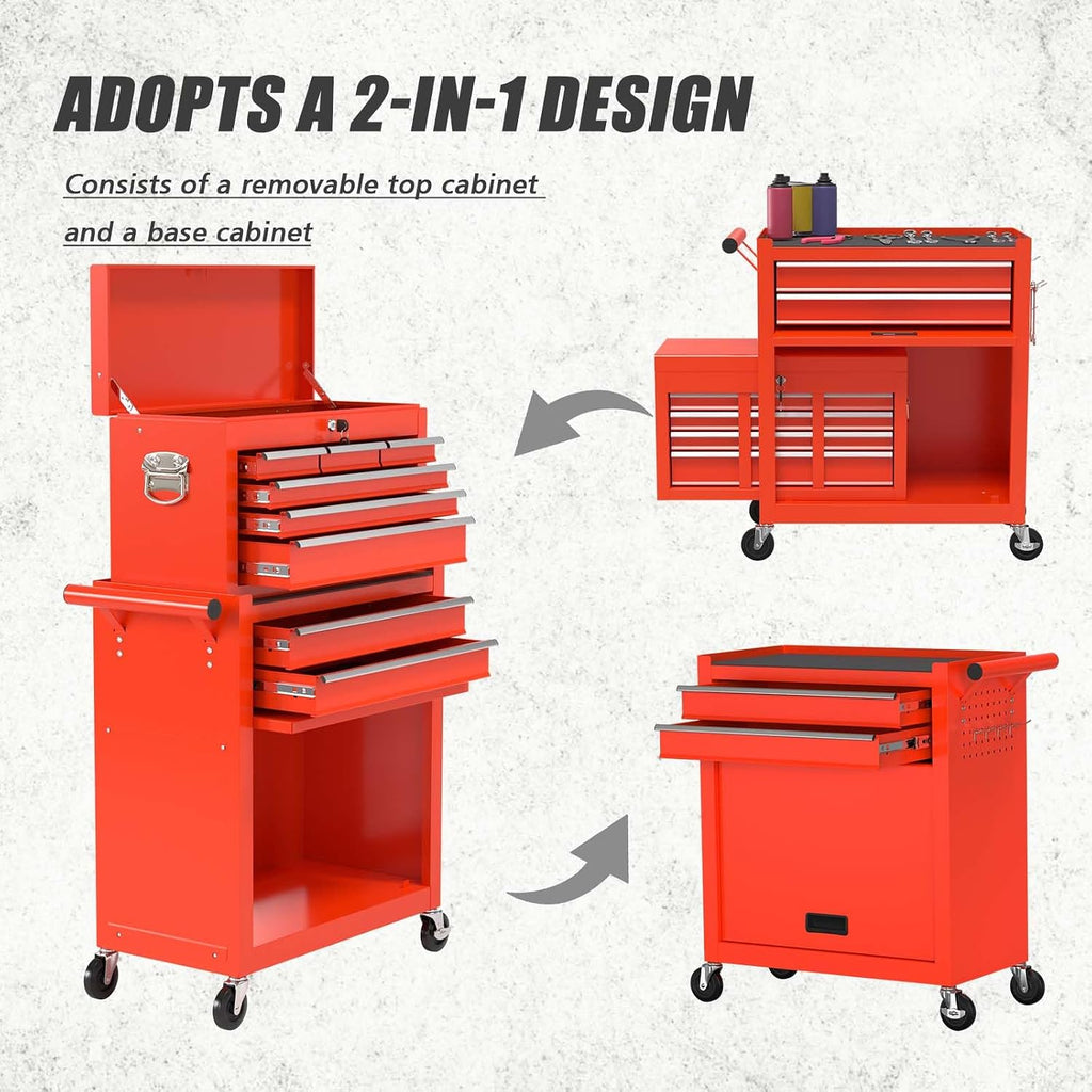 8-Drawer Tool Chest with Wheels,High Capacity Rolling Tool Box with Wheels,Locking Mechanical Tool Chest,Metal Tool Box for Garage Workshop (Red)