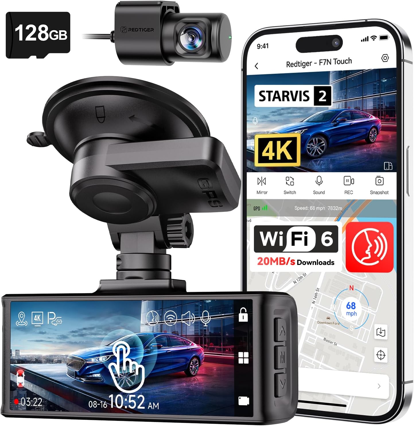 REDTIGER 4K STARVIS 2 Dash Cam Front and Rear, 5GHz WiFi 20MB/s Download, 128GB Card Included, Voice Control, Dash Camera for Cars with 3.18' Touch Screen, GPS, Loop Recording, Parking Mode(F7N Touch)