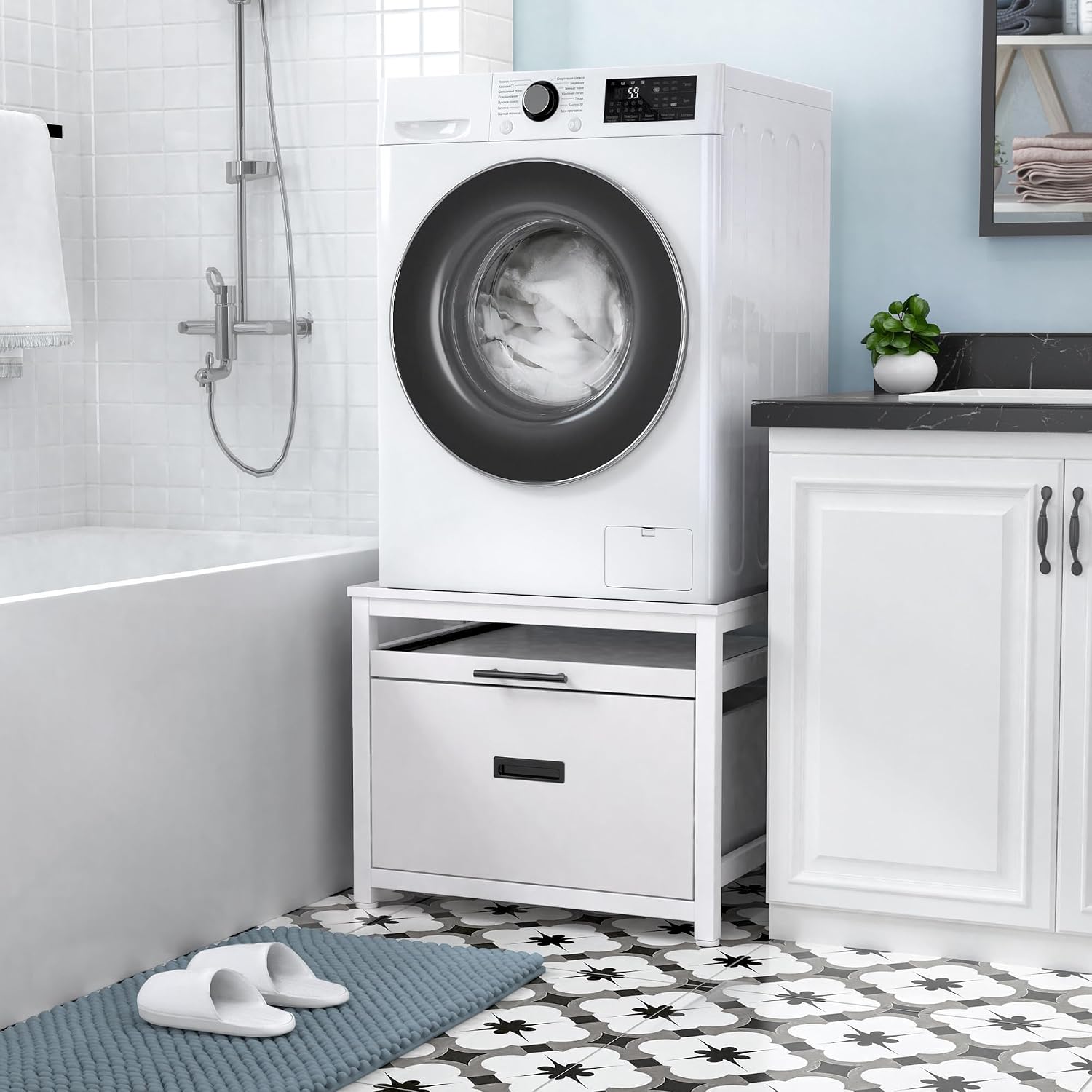 GDLF Washer Dryer Pedestal, 24.1' Laundry Pedestal for Compact Washing Maching, Washer and Dryer Stand with Shelf and Base Storage,White