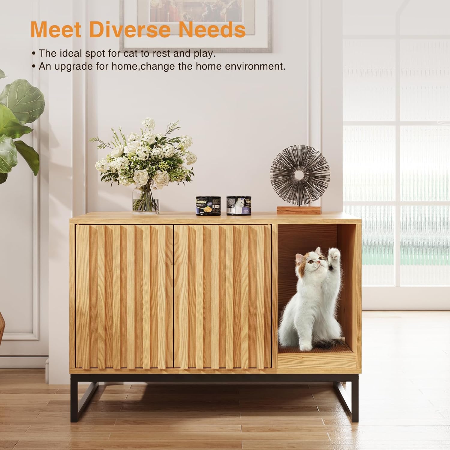 Halitaa Litter Box Enclosure, Modern Cat Litter Box Enclosure Furniture Hidden Litter Box with Scratch Pad, Cat Washroom House End Table, Entryway Bench for Livingroom (Natural)