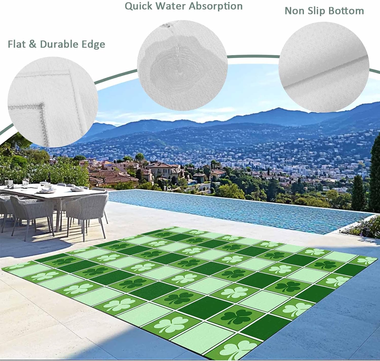 Outdoor Rug 4x6ft St. Patrick's Day Geometric Plaid Shamrocks Leaf Patio Area Rugs Waterproof Easy Cleaning Non Shedding Thick Mats Green Carpet for Indoor Outdoor Porch Deck Backyard Balcony