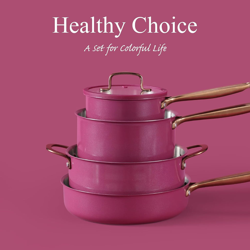 CAROTE 7pcs Tri-Ply Stainless Steel Cookware Set, Pots and Pans Set, Non Stick Induction Kitchen Cooking Sets, Outer Ceramic Layer, Nonstick Cookware Collection, Violet Purple