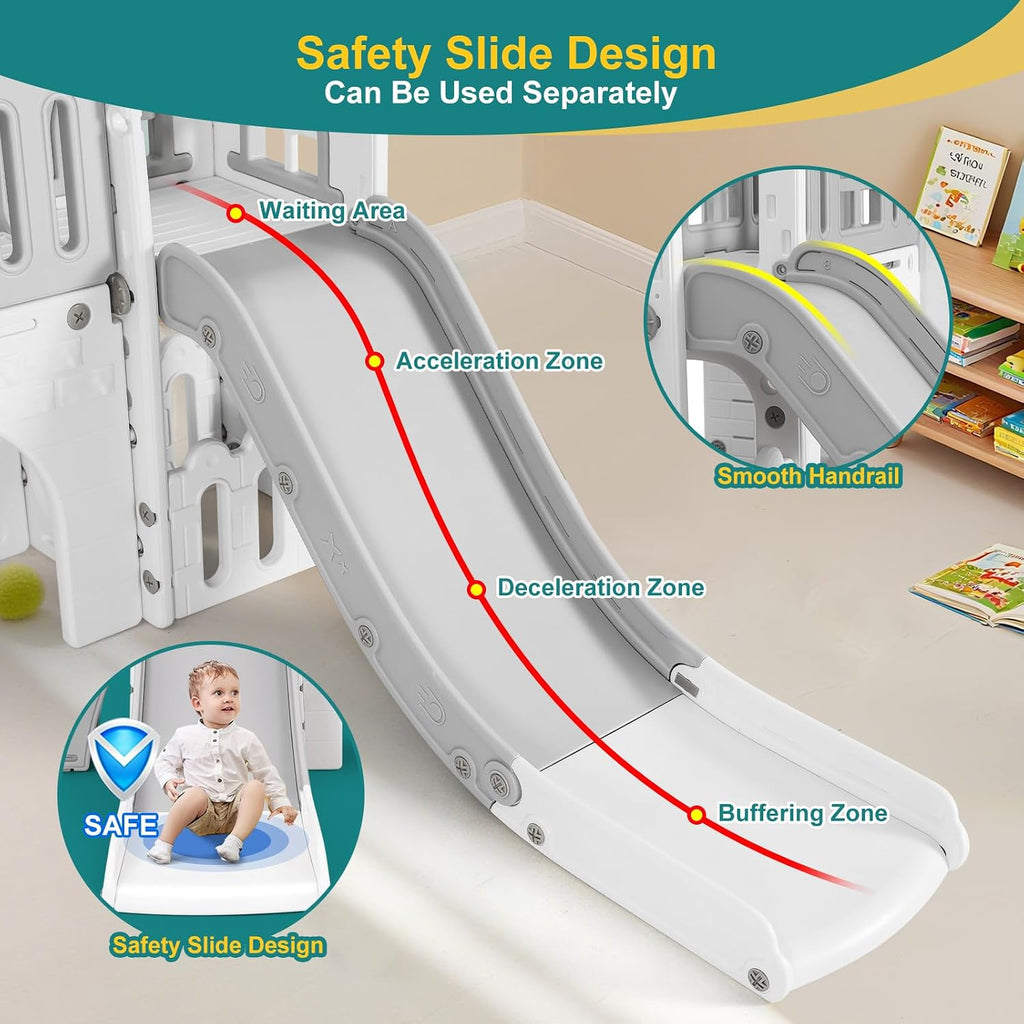 JOYLDIAS 9 in 1 Toddler Slide, Freestanding Kid Climber Slide Playset, Toddler Playhouse with Slide, Basketball Hoop and Climbing Frame, Indoor Outdoor Backyard Playground Toy for Toddlers Age 1-3+