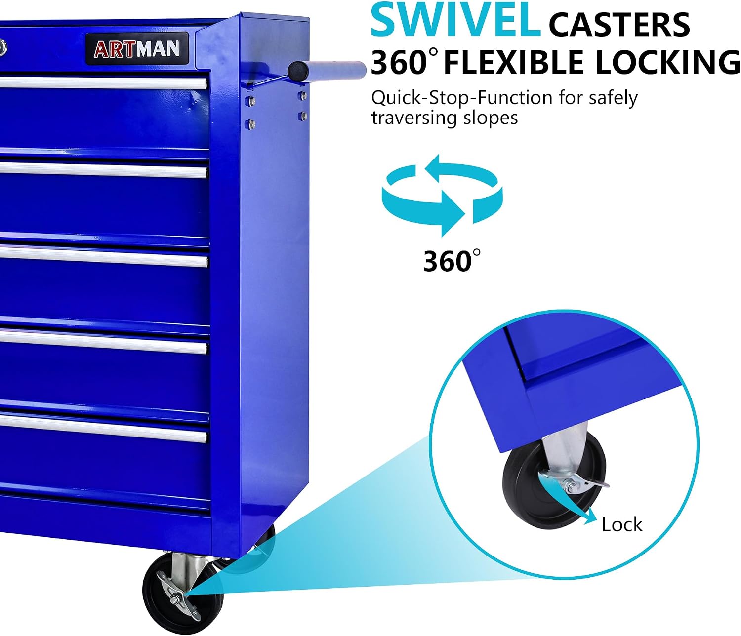 5 Drawers Tool Cart on Wheels, 5 Drawer Rolling Tool Chest with Key Lock, Trolley Organizer Tool Case, Multifunctional Rolling Tool Box for Garage,Warehouse,Workshop,Repair Shop (Blue)