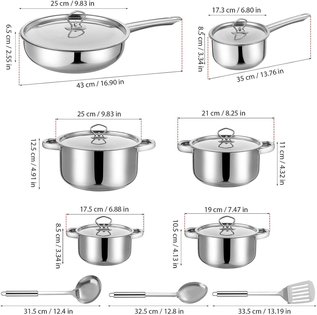 15pcs Stainless Steel Cookware Set with Lids and Cooking Utensils, Induction Compatible Kitchen Pots and Pans Set with Composite Bottom for Gas, Electric, and Induction Stoves