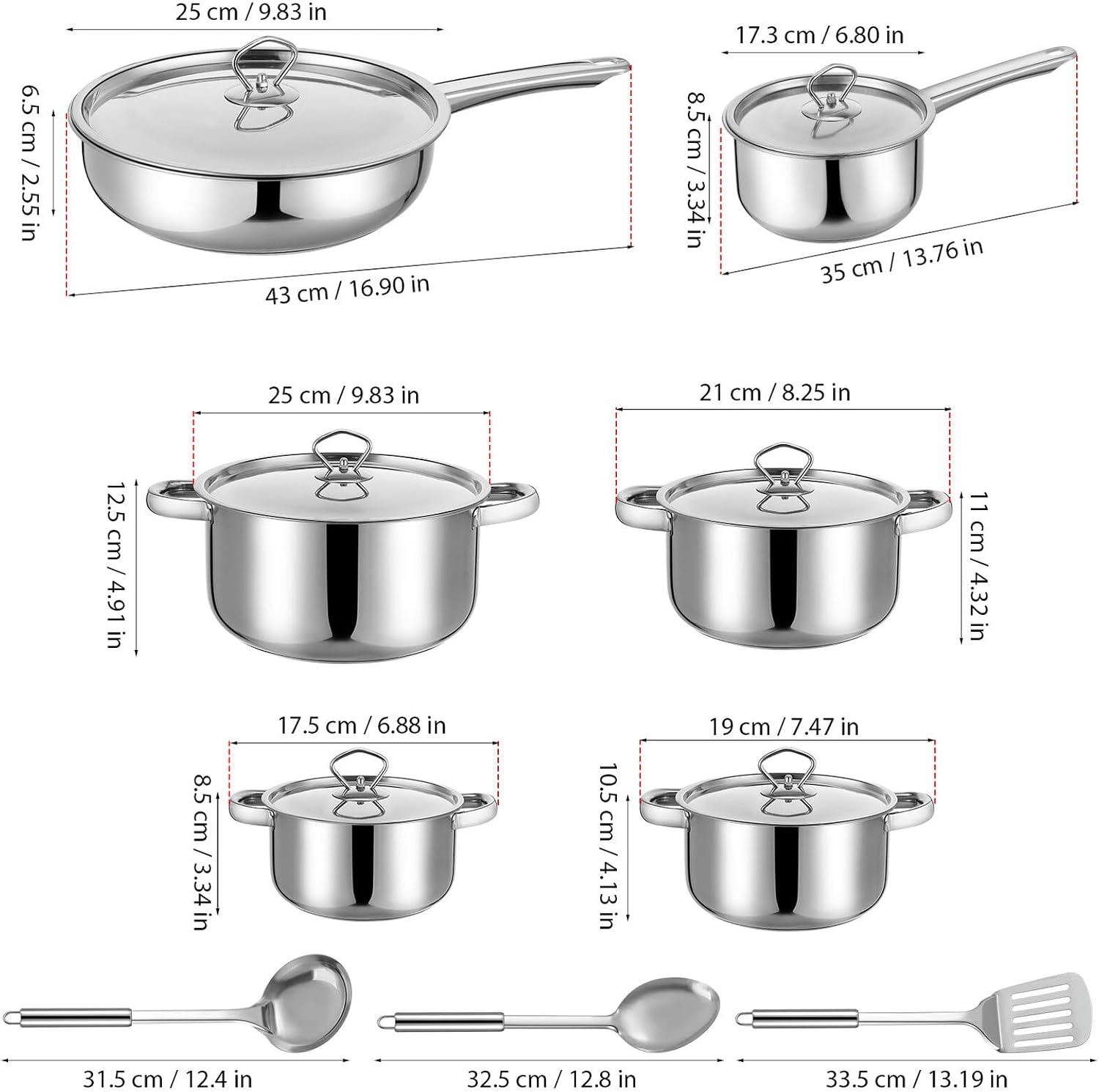 15pcs Stainless Steel Cookware Set with Lids and Cooking Utensils, Induction Compatible Kitchen Pots and Pans Set with Composite Bottom for Gas, Electric, and Induction Stoves