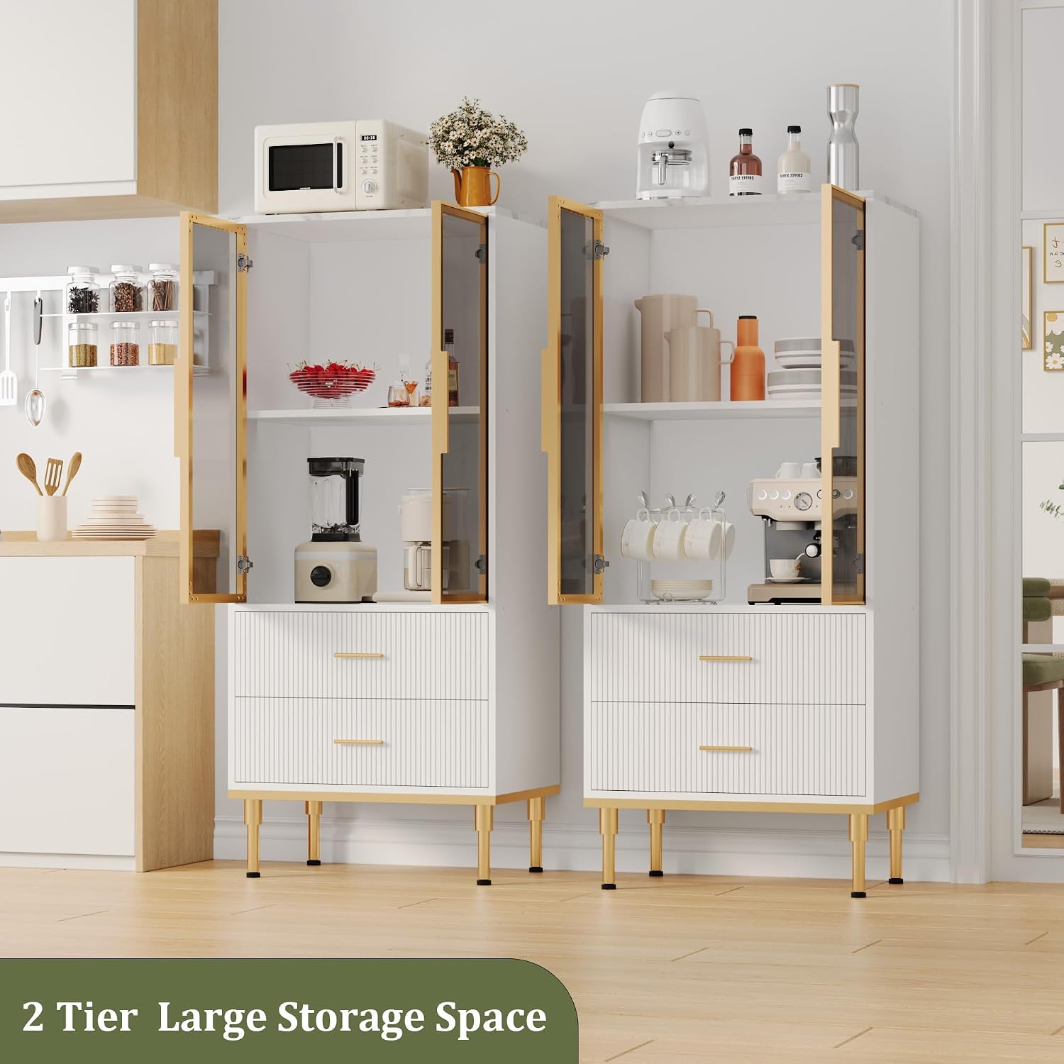 Fluted Glass Door Storage Cabinet - Modern White Display Cabinet with Adjustable Shelves & 2 Drawers for Kitchen Pantry or Living Room Organization(White)