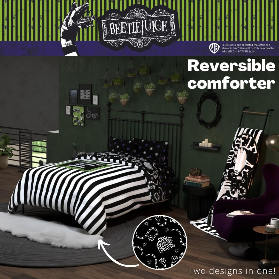 Franco Collectibles Beetlejuice Halloween Striped Bedding 5 Piece Super Soft Reversible Comforter and Sheet Set, Queen, (Officially Licensed Product)