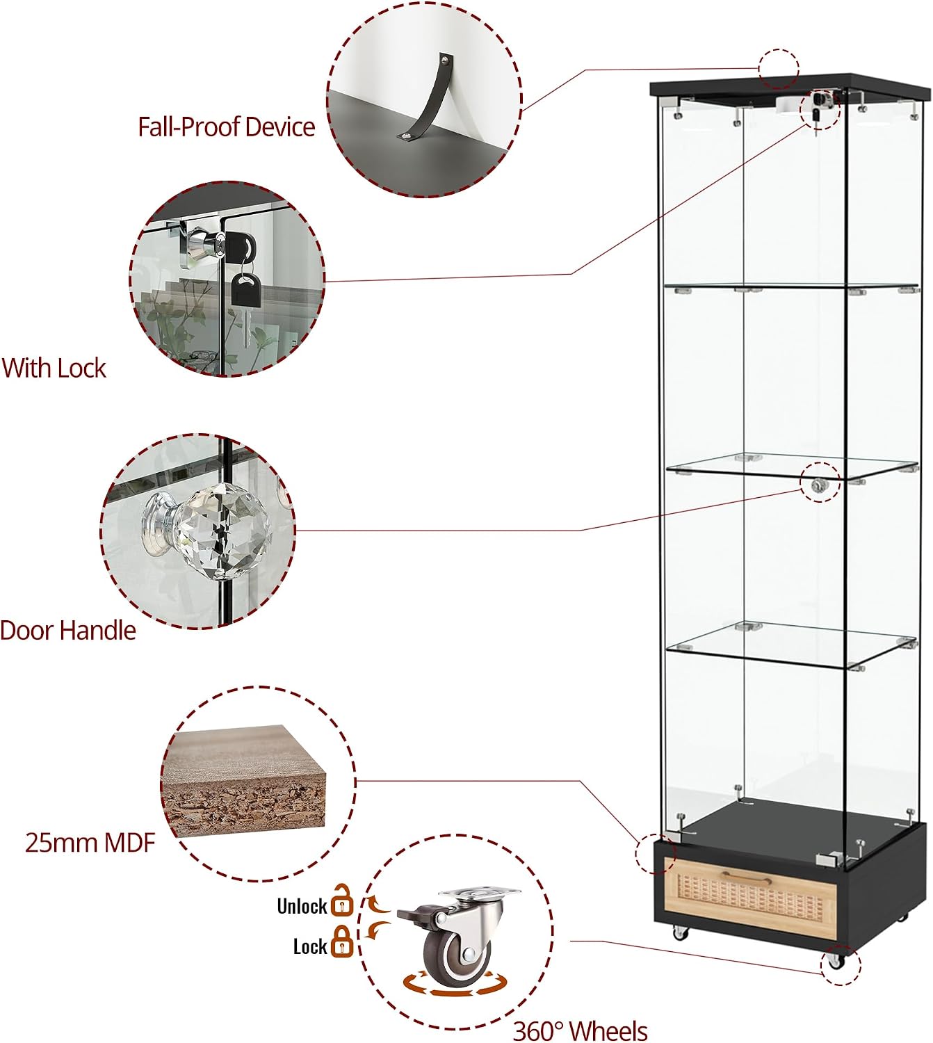 Modern Glass Display Cabinet with LED Light 4-Shelf Curio Cabinets with Rattan Drawer and Wheels,Tempered Glass Display Shelf Bookcase for Living Room Home Office
