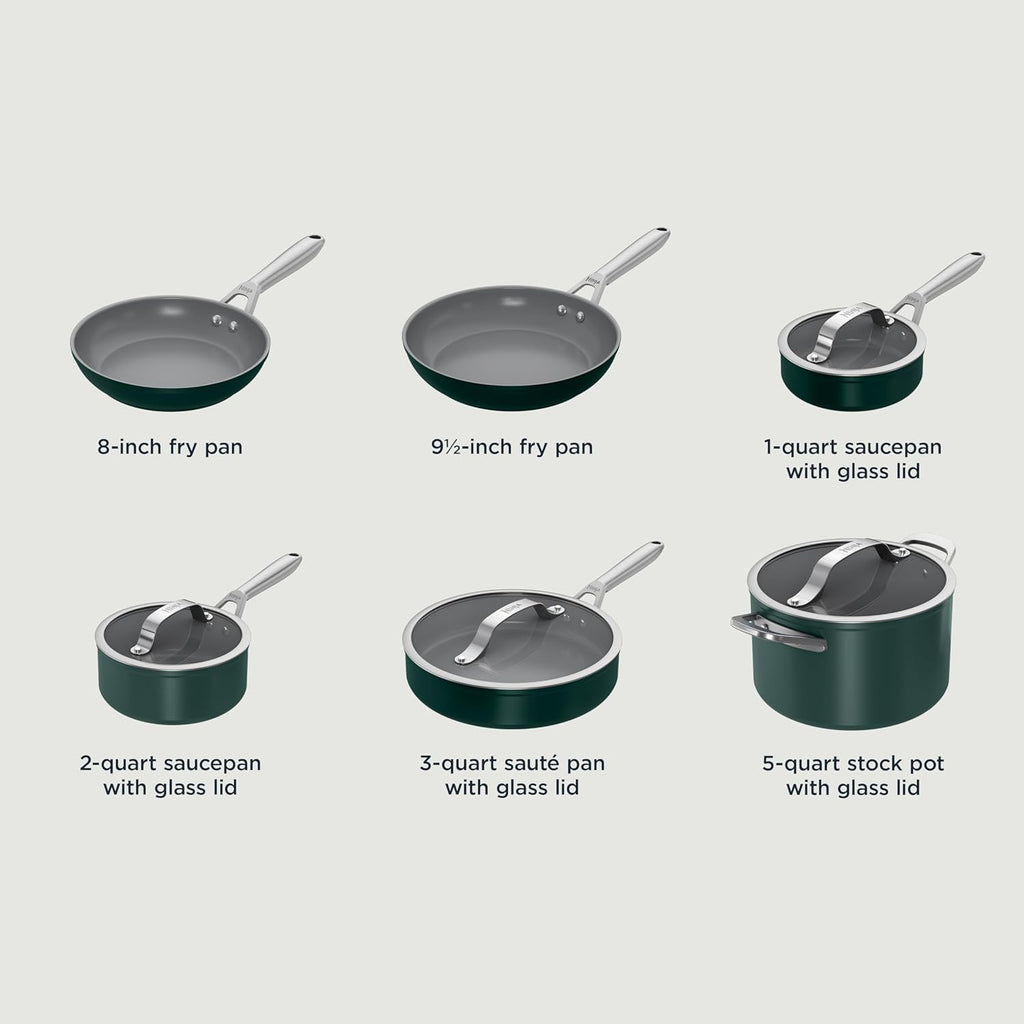 Ninja Ceramic Pro 10-Piece Cookware Set, NonStick Pots & Pans Set with Glass Lids, Nontoxic, PTFE Free, Ceramic Coated, Oven Safe, All Stovetops & Induction Compatible, British Racing Green, CW39010GN