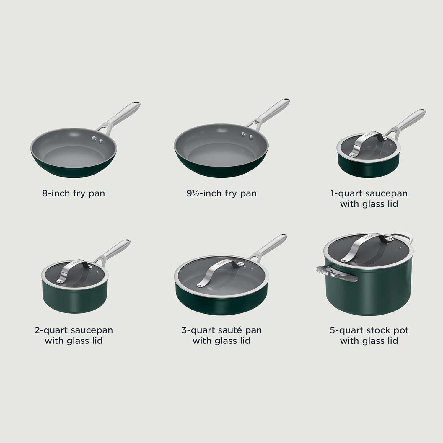 Ninja Ceramic Pro 10-Piece Cookware Set, NonStick Pots & Pans Set with Glass Lids, Nontoxic, PTFE Free, Ceramic Coated, Oven Safe, All Stovetops & Induction Compatible, British Racing Green, CW39010GN