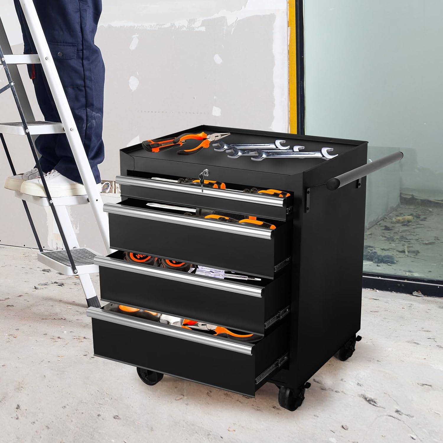 Rolling Tool Box with 4 Drawer, 27 Inch Rolling Tool Chest with Wheels, Metal Tool Storage Cabinets, Tool Box Organizer for Garage, Shop, Workbench, Warehouse, Workshop (Product Depth-18.4inch)