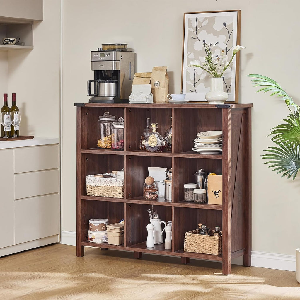 Joaxswe 9 Cube Bookcase, Farmhouse 47 Inch Wide Brown Walnut Bookshelf, Wooden 3 Tier Display Large Open Book Shelf, Vintage Horizontal Book Case for Home Office, Cubby Storage Cabinet for Living Room