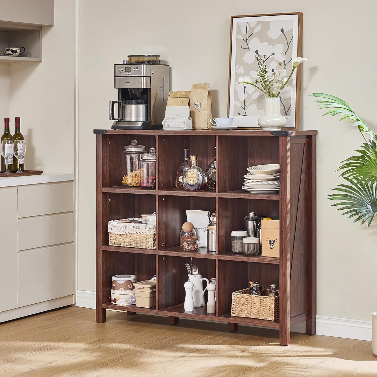 Joaxswe 9 Cube Bookcase, Farmhouse 47 Inch Wide Brown Walnut Bookshelf, Wooden 3 Tier Display Large Open Book Shelf, Vintage Horizontal Book Case for Home Office, Cubby Storage Cabinet for Living Room