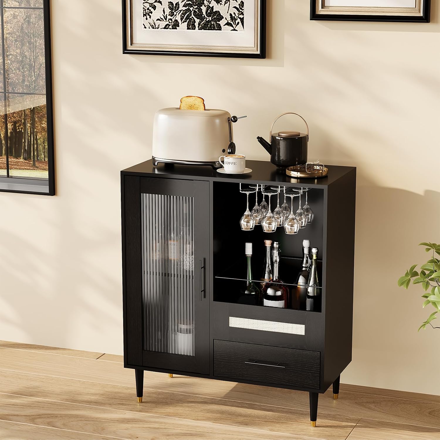 GarveeHome Modern Wine Bar Cabinet with Wine Glass Rack, Glass Door Display and Drawers, Coffee Bar & Liquor Cabinet with Storage, Buffet Sideboard Table for Home, Kitchen, Dining Room, Living Room
