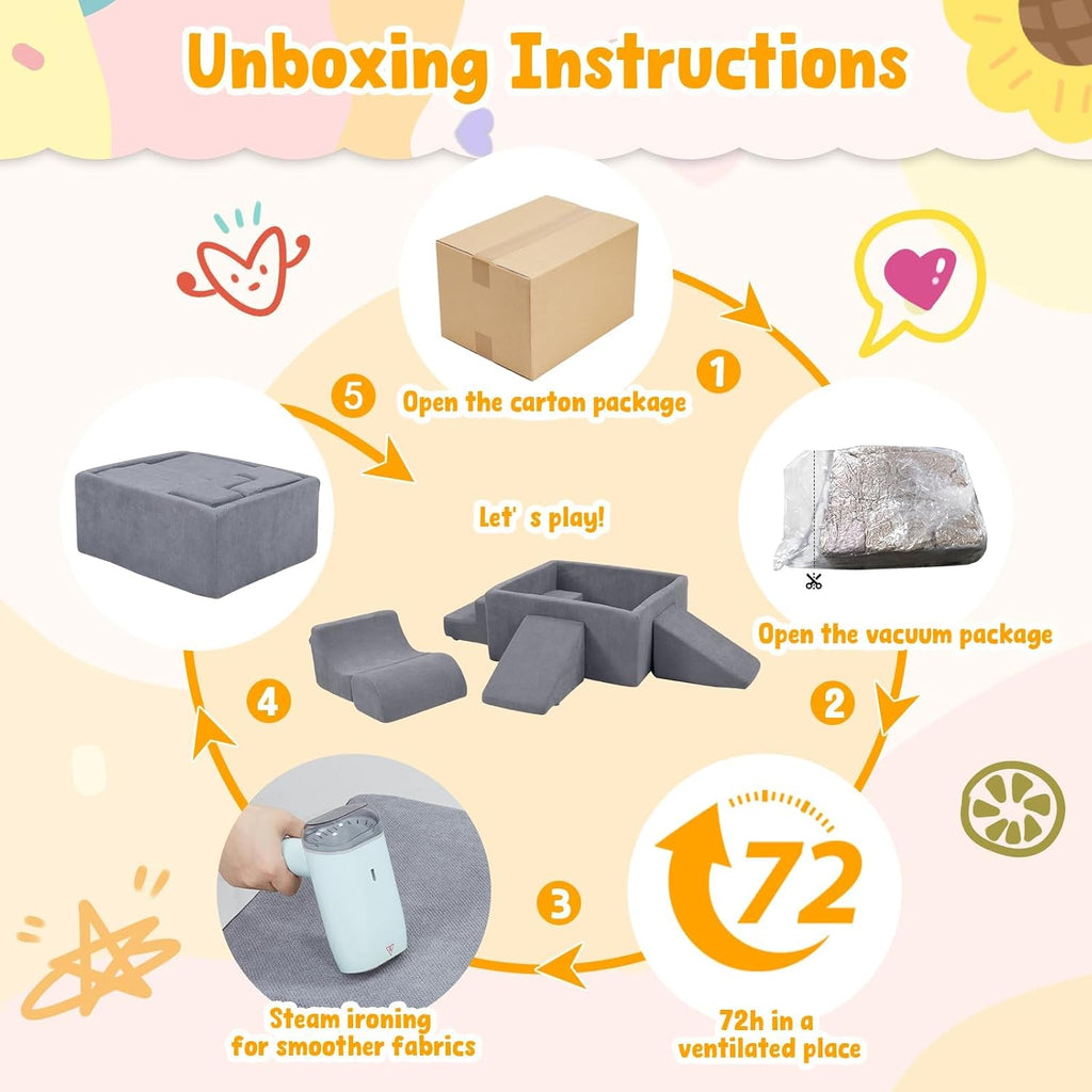 Baby Climbing Blocks with Ball Pit, 6-Piece Foam Climb & Crawl Play Set for Toddlers 1–3, Modular Soft Play Equipment with Washable Cover, Indoor Activity Toys, Gray (Balls Not Included)