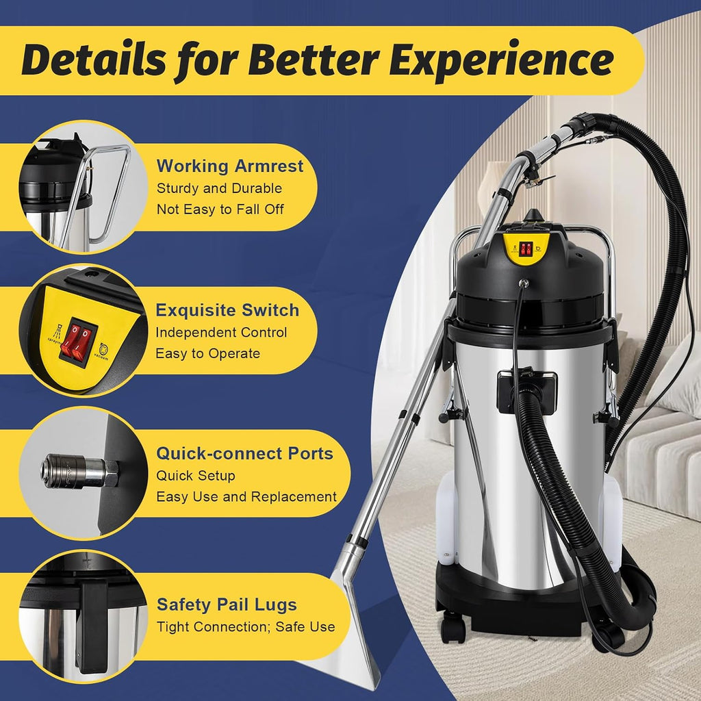 40L Commercial Carpet Cleaning Machine, 1000W Professional 3in1 Carpet Spraying Floor Brush Cleaner Extractor Vacuum Deep Cleaning Washing Machine Portable Carpet Cleaner for Carpet and Upholstery