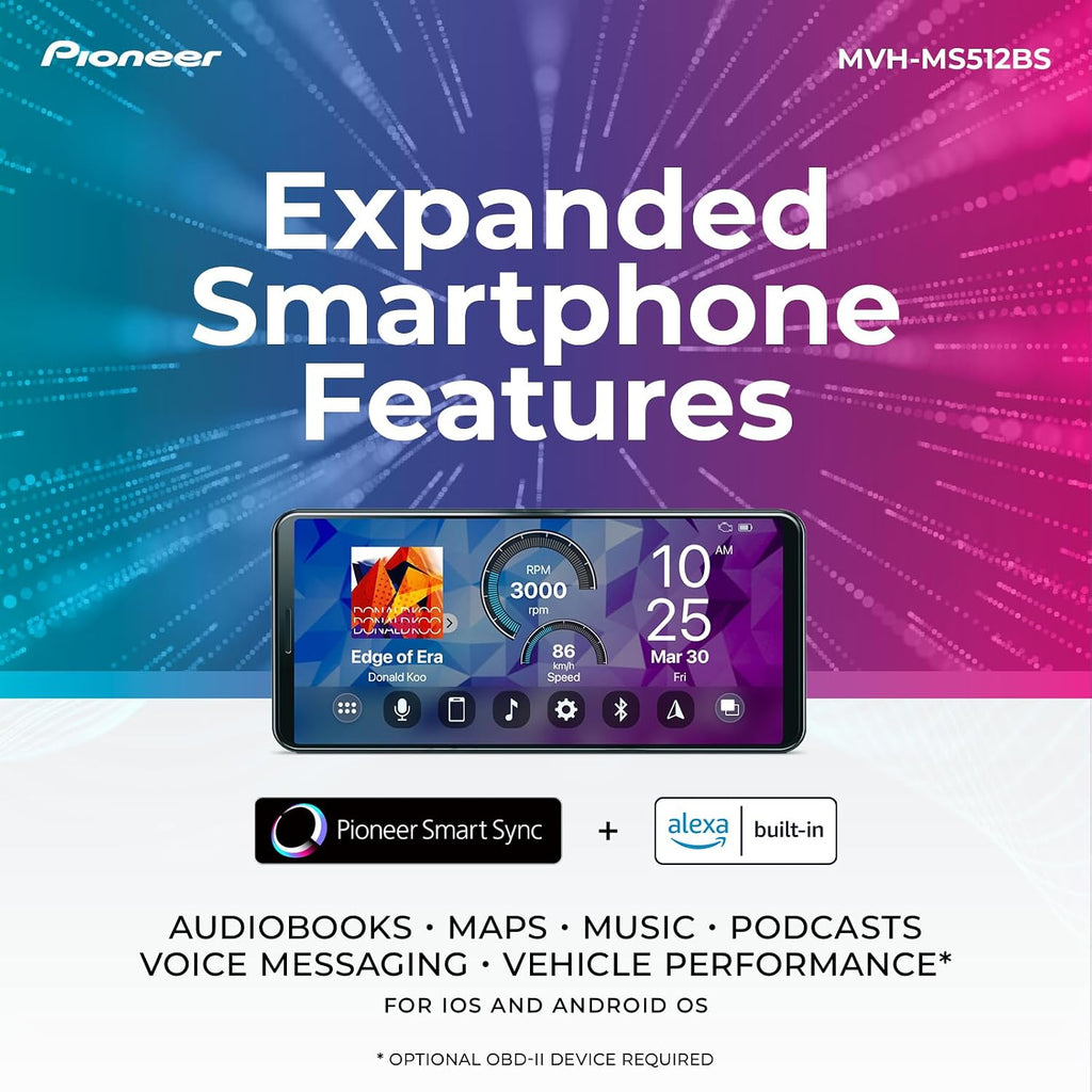Pioneer MVH-MS512BS Marine Digital Media Receiver – Bluetooth, SiriusXM, USB, FLAC, Conformal Coating, Color Change, White Display for Outdoor, AM/FM Radio, Hi-Volt RCA, iPhone/Android Compatible