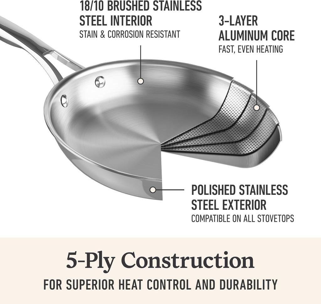 Calphalon Premier Polished 5-Ply Stainless Steel Cookware Set w/Turbo Heat Tech 12 Piece Includes Frying Pans, Pots and Pans Set, Induction, Oven Safe 500F, PFOA Free, Polished Stainless Silver