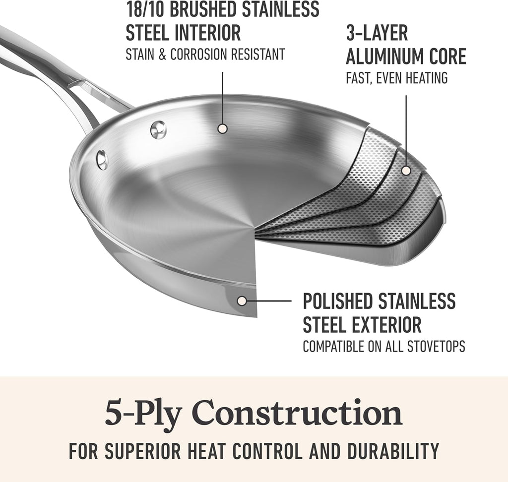 Calphalon Premier Polished 5-Ply Stainless Steel Cookware Set w/Turbo Heat Tech 6 Piece Includes Frying Pans, Pots and Pans Set, Induction, Oven Safe 500F, PFOA Free, Polished Stainless Silver