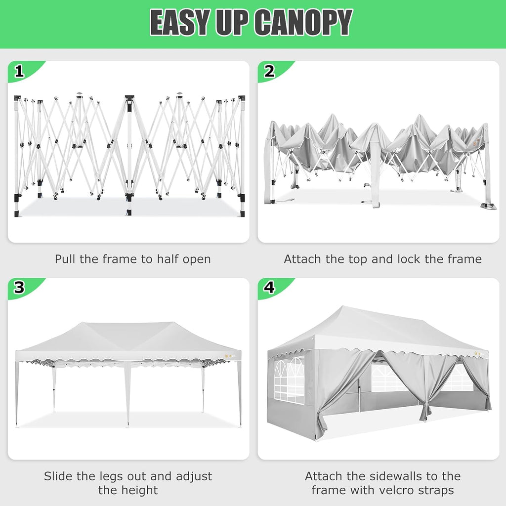 HOTEEL 10x20 Pop Up Canopy Tents for Parties, Outdoor Tent with 6 Sidewalls & Wheeled Bag & 4 Sandbags, Easy Setup for Wedding, Patio Events, Commercial, Party -Waterproof and UV50+ Protection, White