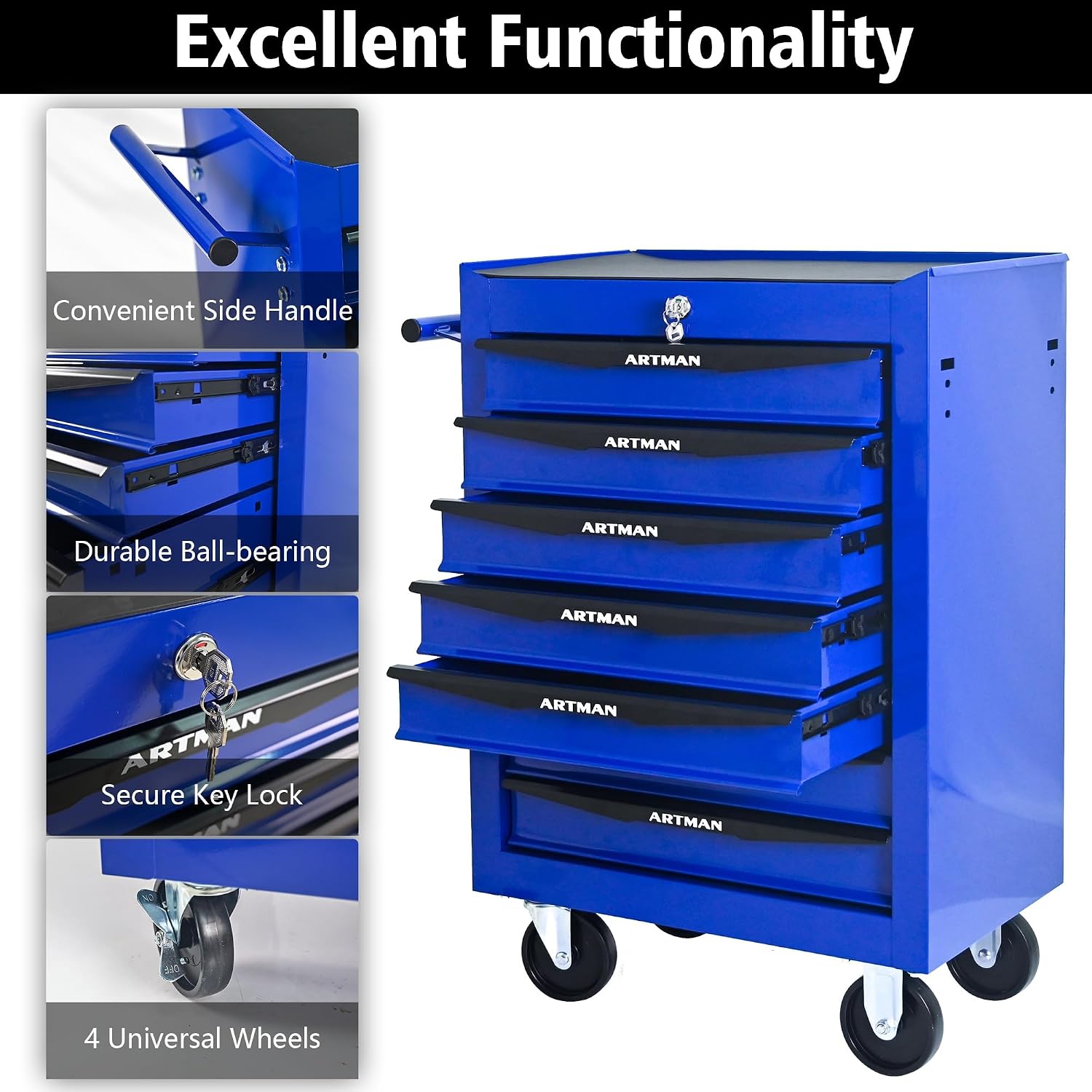Rolling Metal Tool Chest with 7 Drawers – 20' Steel Tool Storage Box Organizer with Ball Bearing Slides & Lockable Mobile Cabinet on Wheels(Blue)