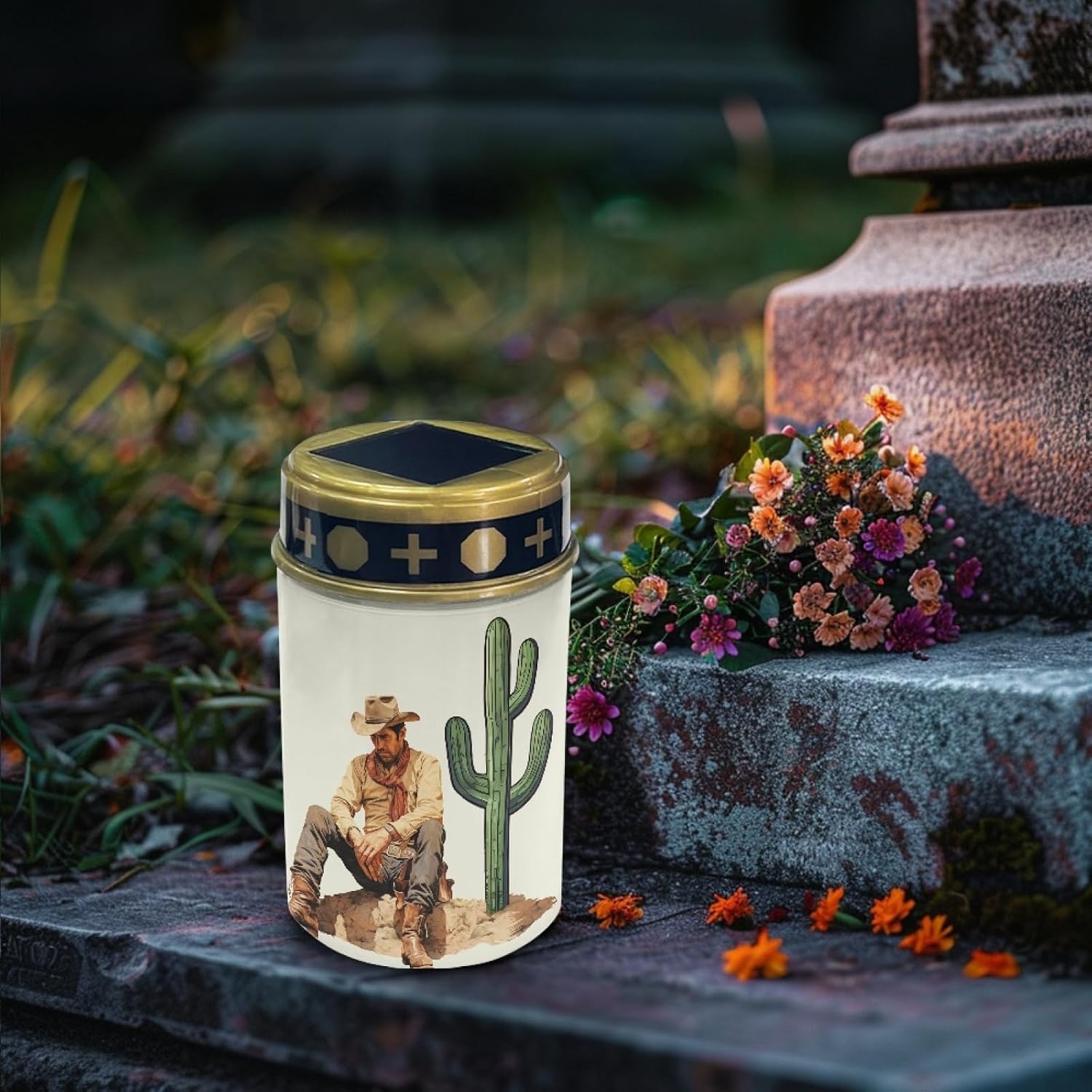 Western Cowboy Cemetery Lights for Grave, Outdoor Solar Garden Pathway Lights - Solar Powered Lanterns for Yard, Patio, Driveway