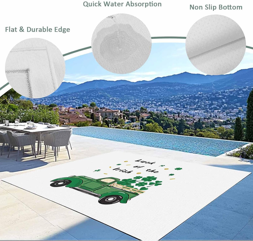 Outdoor Rug 4x6ft Saint Patrick's Day Green Irish Shamrock Leaf Truck Patio Area Rugs Waterproof Easy Cleaning Non Shedding Thick Mats White Carpet for Indoor Outdoor Porch Deck Backyard Balcony