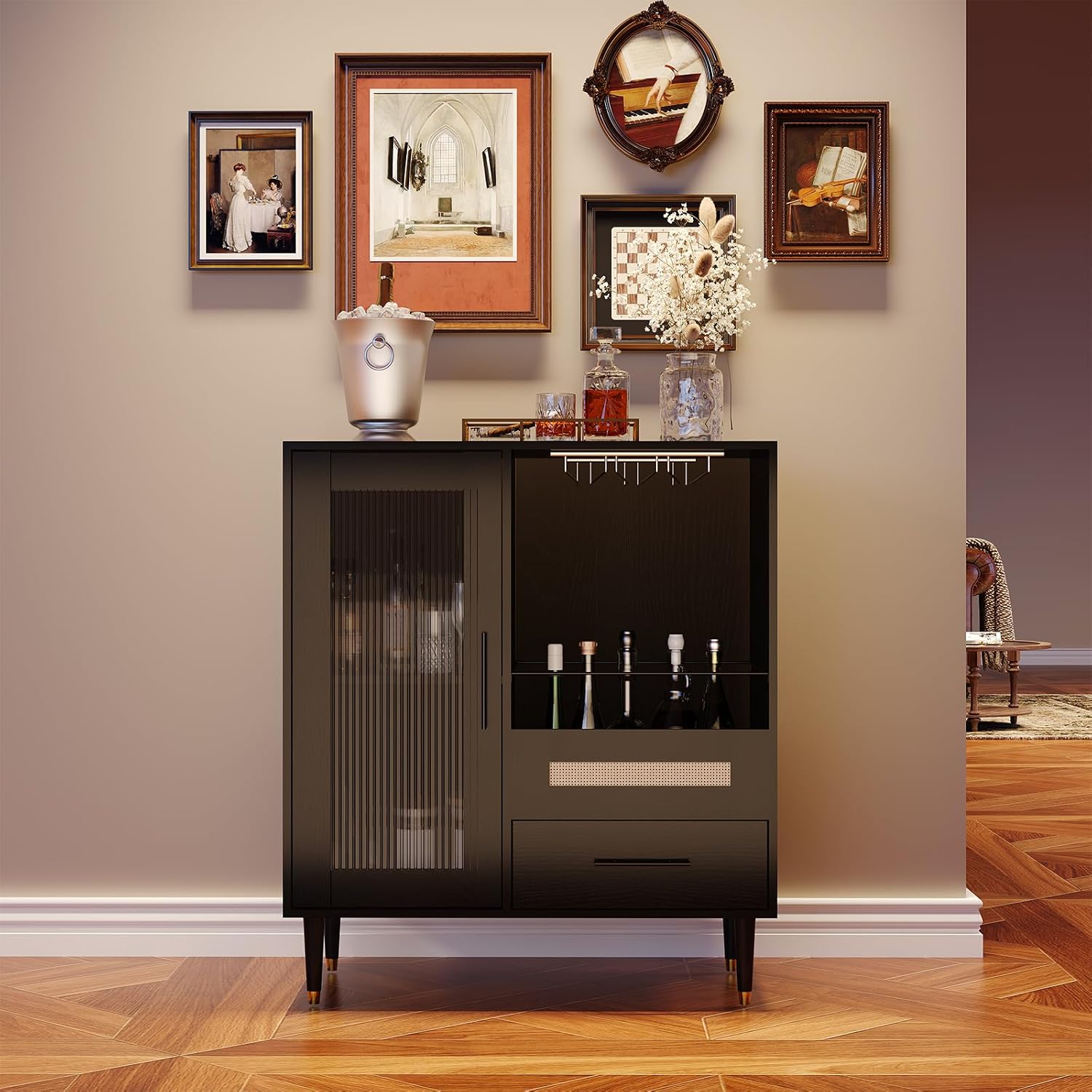 GarveeHome Modern Wine Bar Cabinet with Wine Glass Rack, Glass Door Display and Drawers, Coffee Bar & Liquor Cabinet with Storage, Buffet Sideboard Table for Home, Kitchen, Dining Room, Living Room